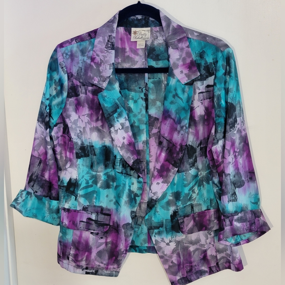 Pretty Rebellious Teal & Purple Abstract Watercolor Lightweight Blazer